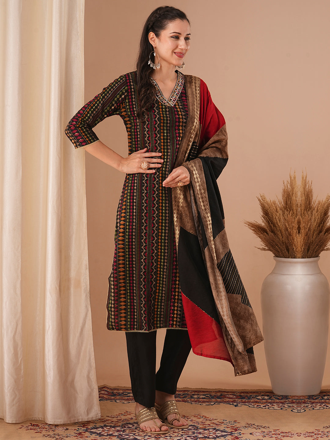 Ethnic Stripes Printed & Embroidered Straight Fit Kurta with Pant and Dupatta - Black