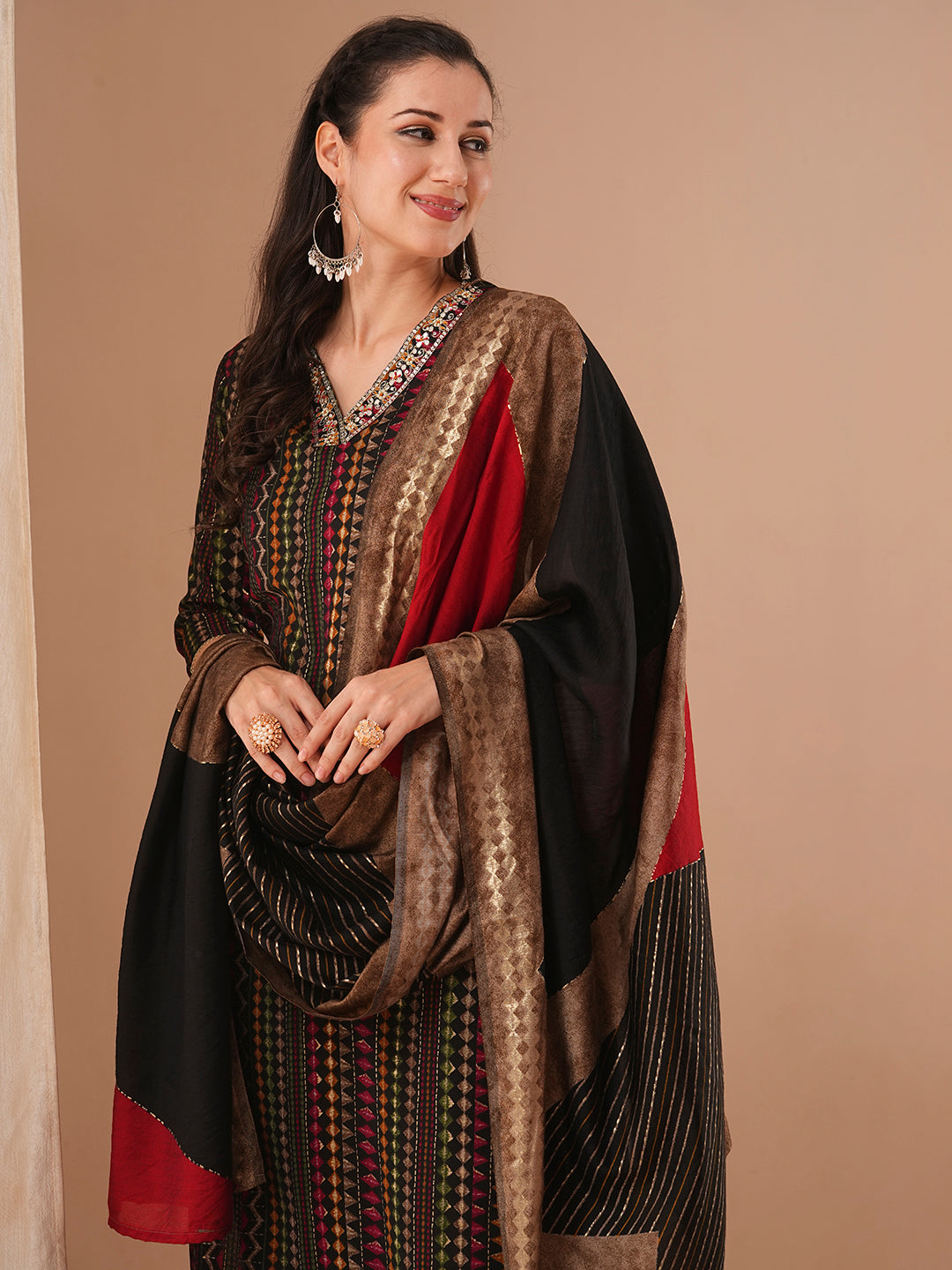 Ethnic Stripes Printed & Embroidered Straight Fit Kurta with Pant and Dupatta - Black