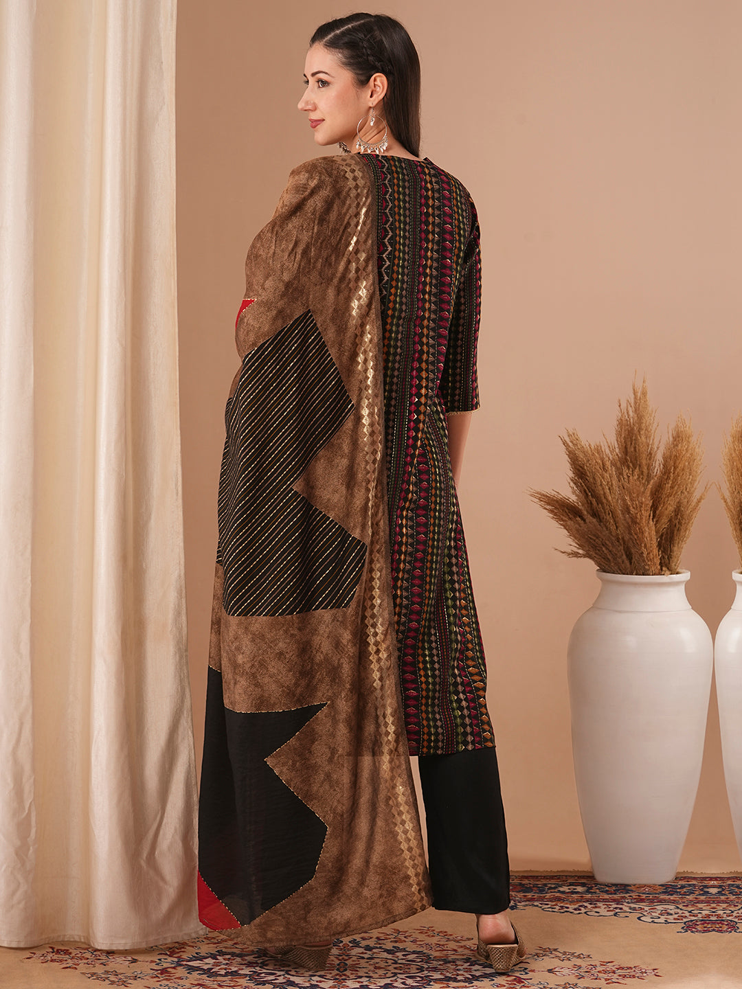 Ethnic Stripes Printed & Embroidered Straight Fit Kurta with Pant and Dupatta - Black