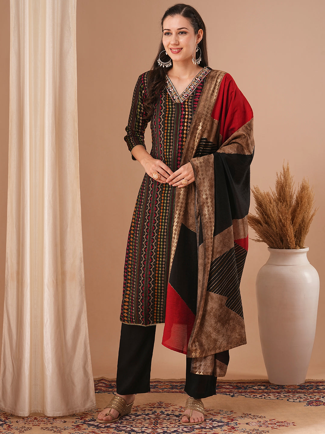 Ethnic Stripes Printed & Embroidered Straight Fit Kurta with Pant and Dupatta - Black