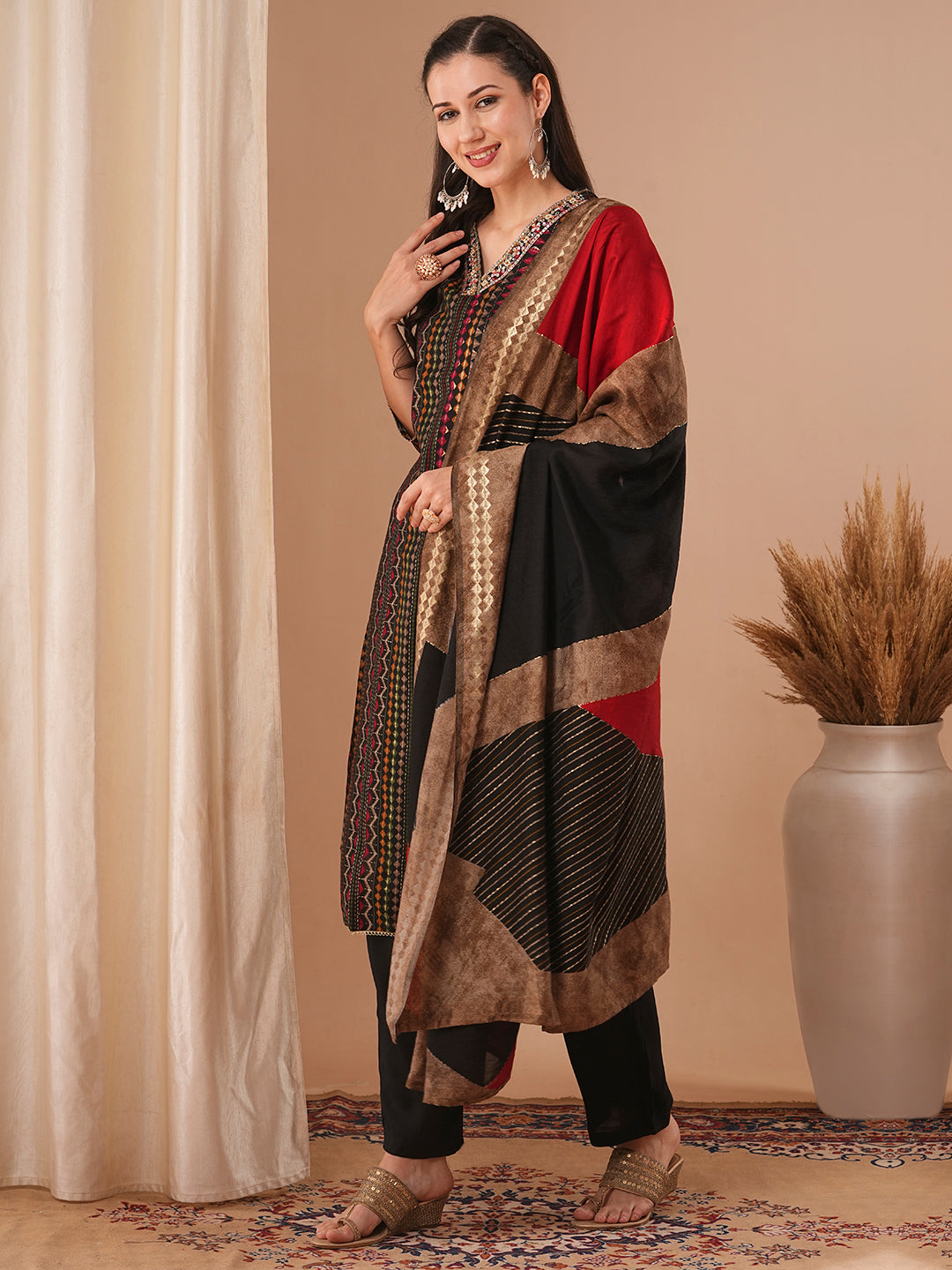 Ethnic Stripes Printed & Embroidered Straight Fit Kurta with Pant and Dupatta - Black