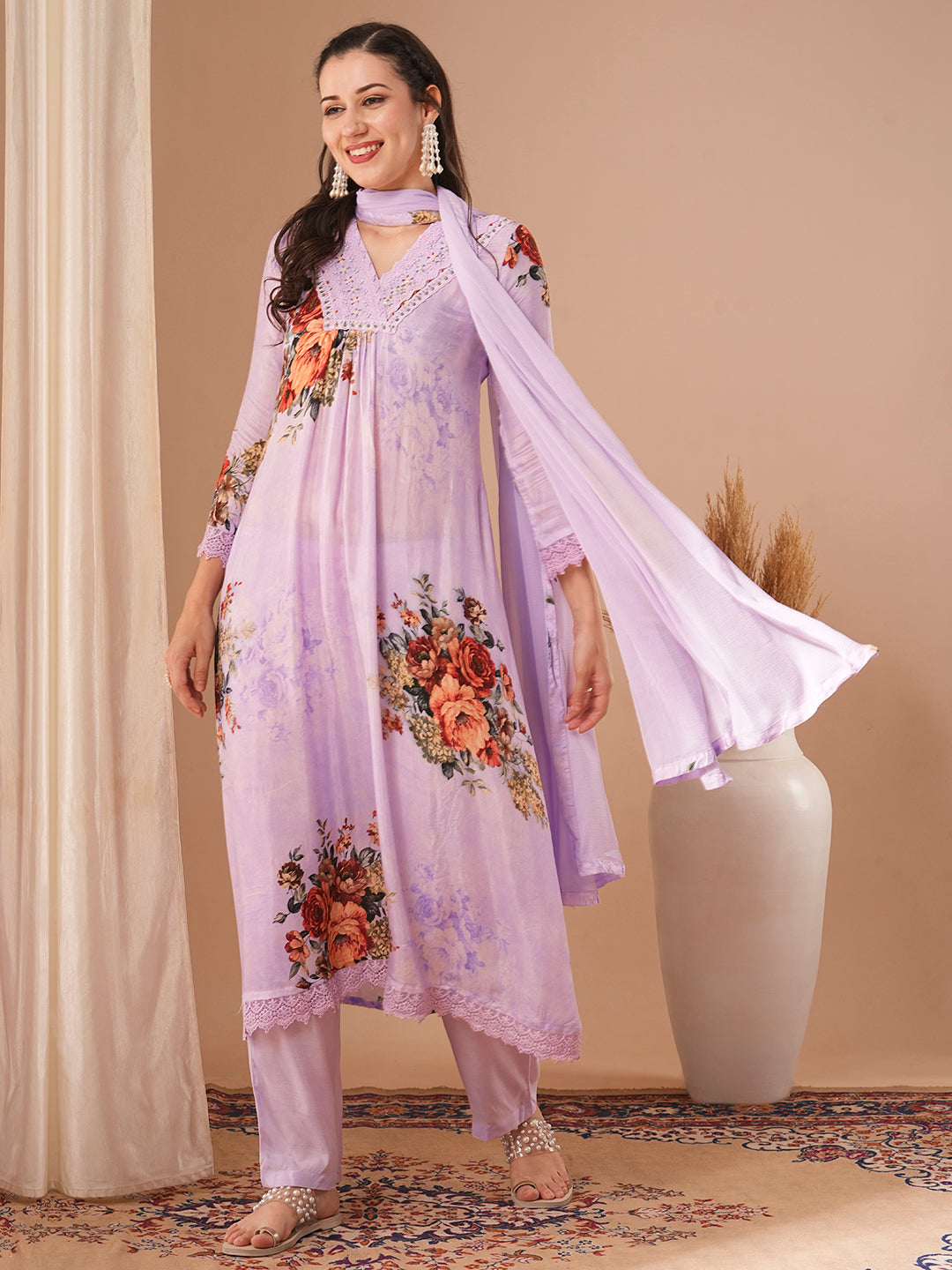 Floral Printed & Embroidered A-Line Kurta with Pant & Dupatta - Purple