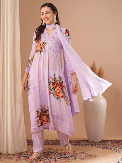 Floral Printed & Embroidered A-Line Kurta with Pant & Dupatta - Purple