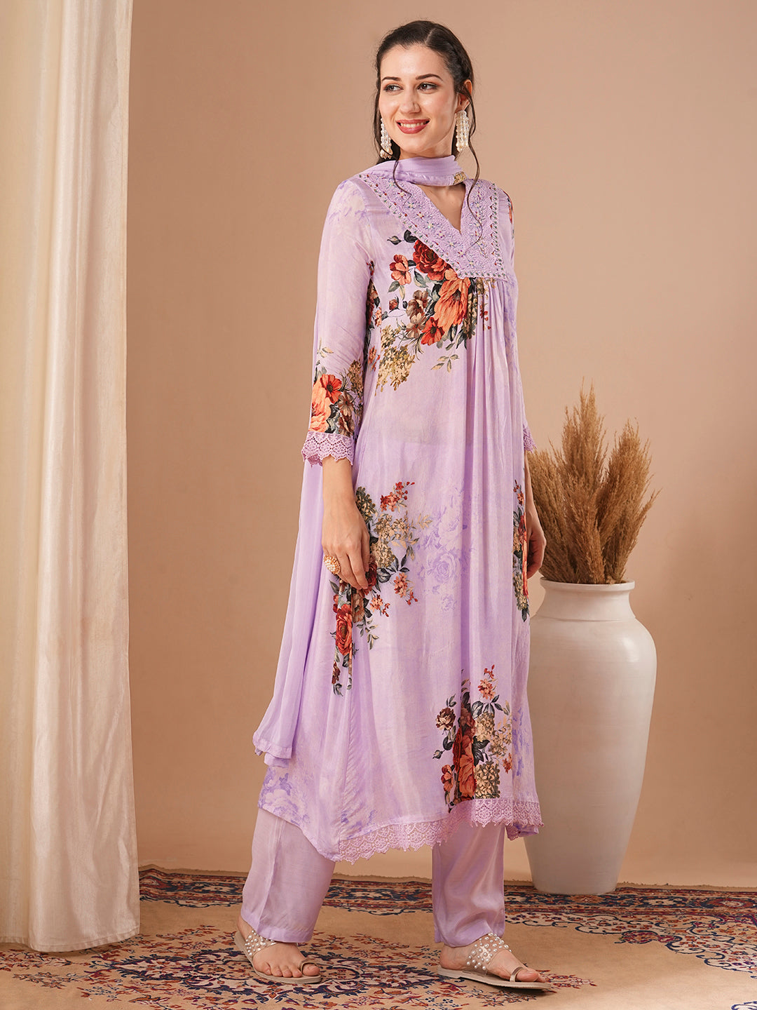 Floral Printed & Embroidered A-Line Kurta with Pant & Dupatta - Purple