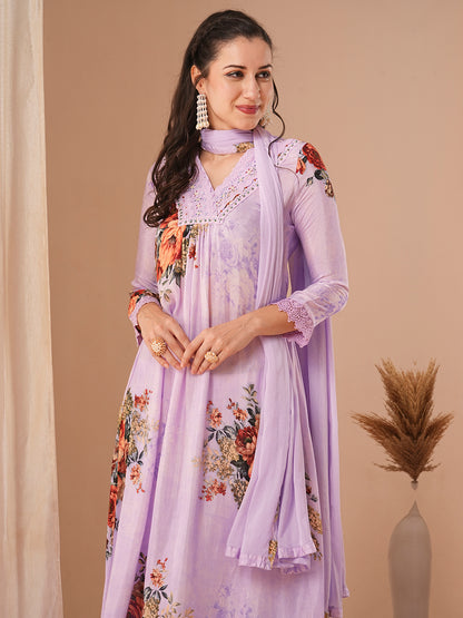 Floral Printed & Embroidered A-Line Kurta with Pant & Dupatta - Purple