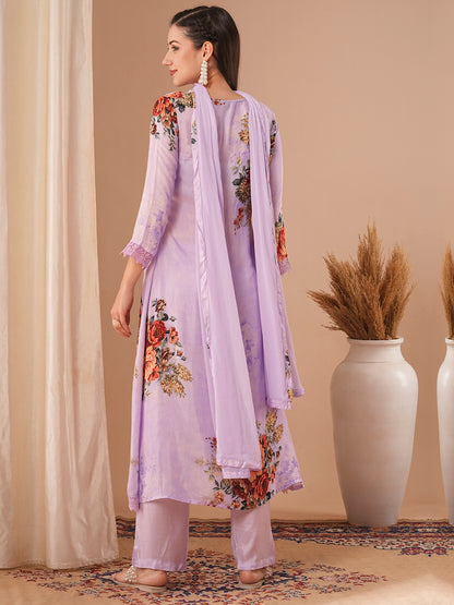 Floral Printed & Embroidered A-Line Kurta with Pant & Dupatta - Purple