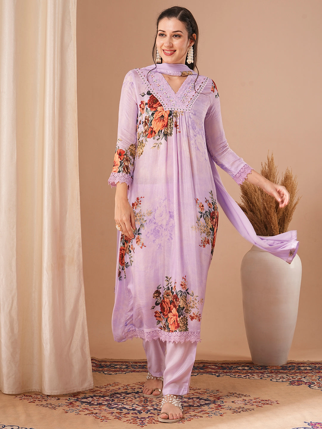 Floral Printed & Embroidered A-Line Kurta with Pant & Dupatta - Purple