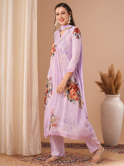 Floral Printed & Embroidered A-Line Kurta with Pant & Dupatta - Purple