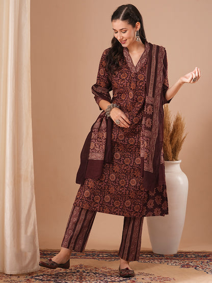 Ethnic Floral Printed A-Line Paneled Kurta with Pant and Dupatta - Black