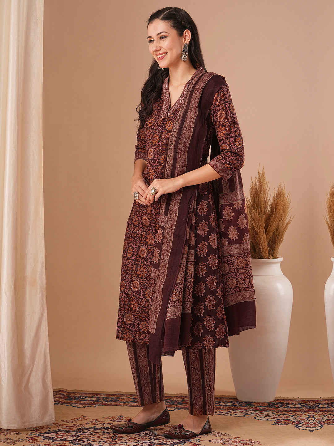 Ethnic Floral Printed A-Line Paneled Kurta with Pant and Dupatta - Black