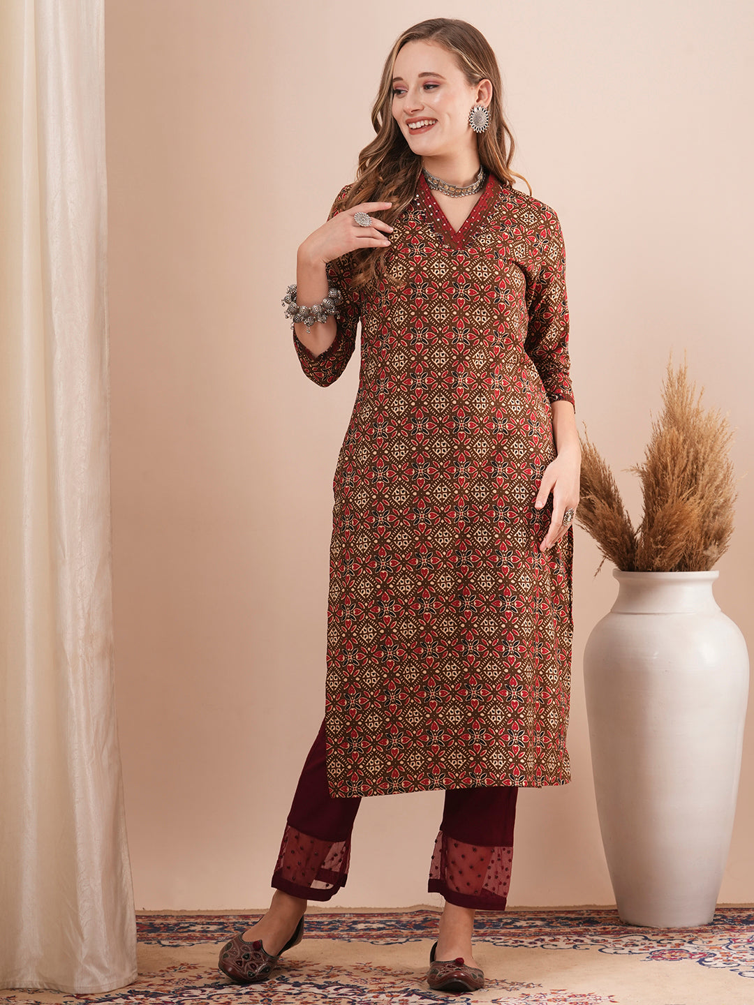 Ethnic Printed & Sequin Embroidered Straight Fit Kurta - Brown