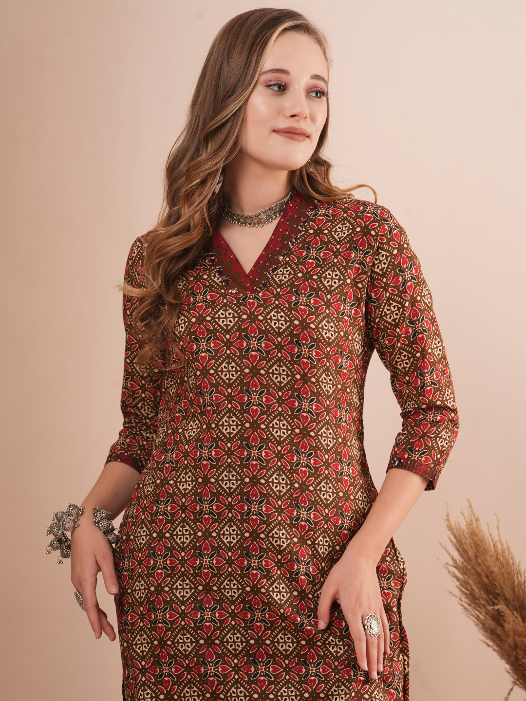 Ethnic Printed & Sequin Embroidered Straight Fit Kurta - Brown