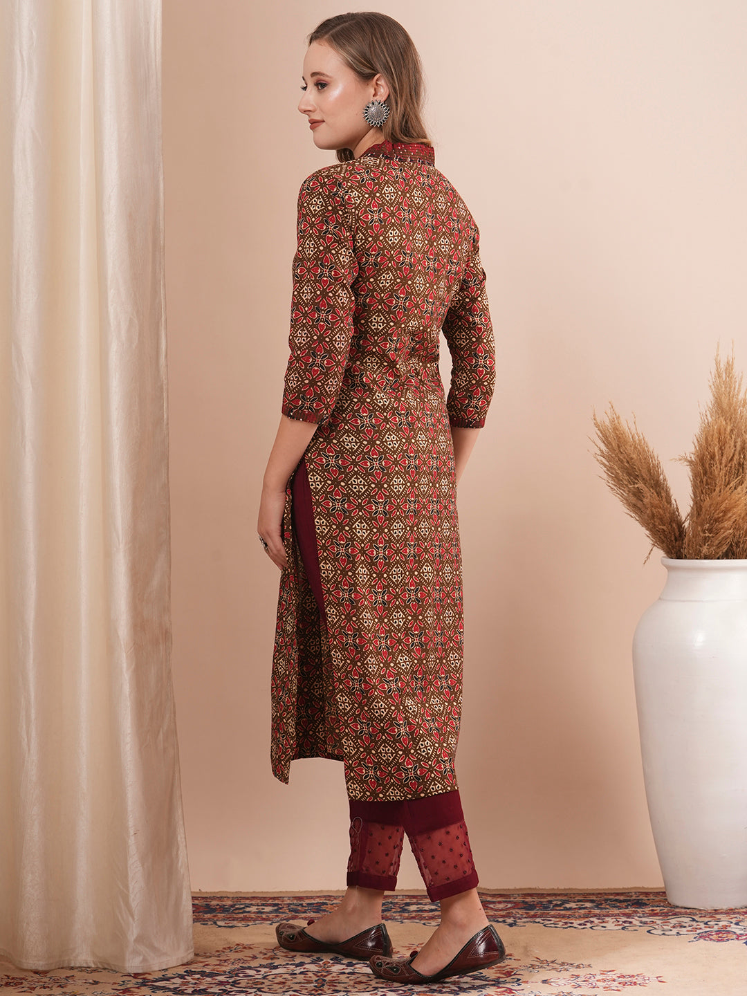 Ethnic Printed & Sequin Embroidered Straight Fit Kurta - Brown