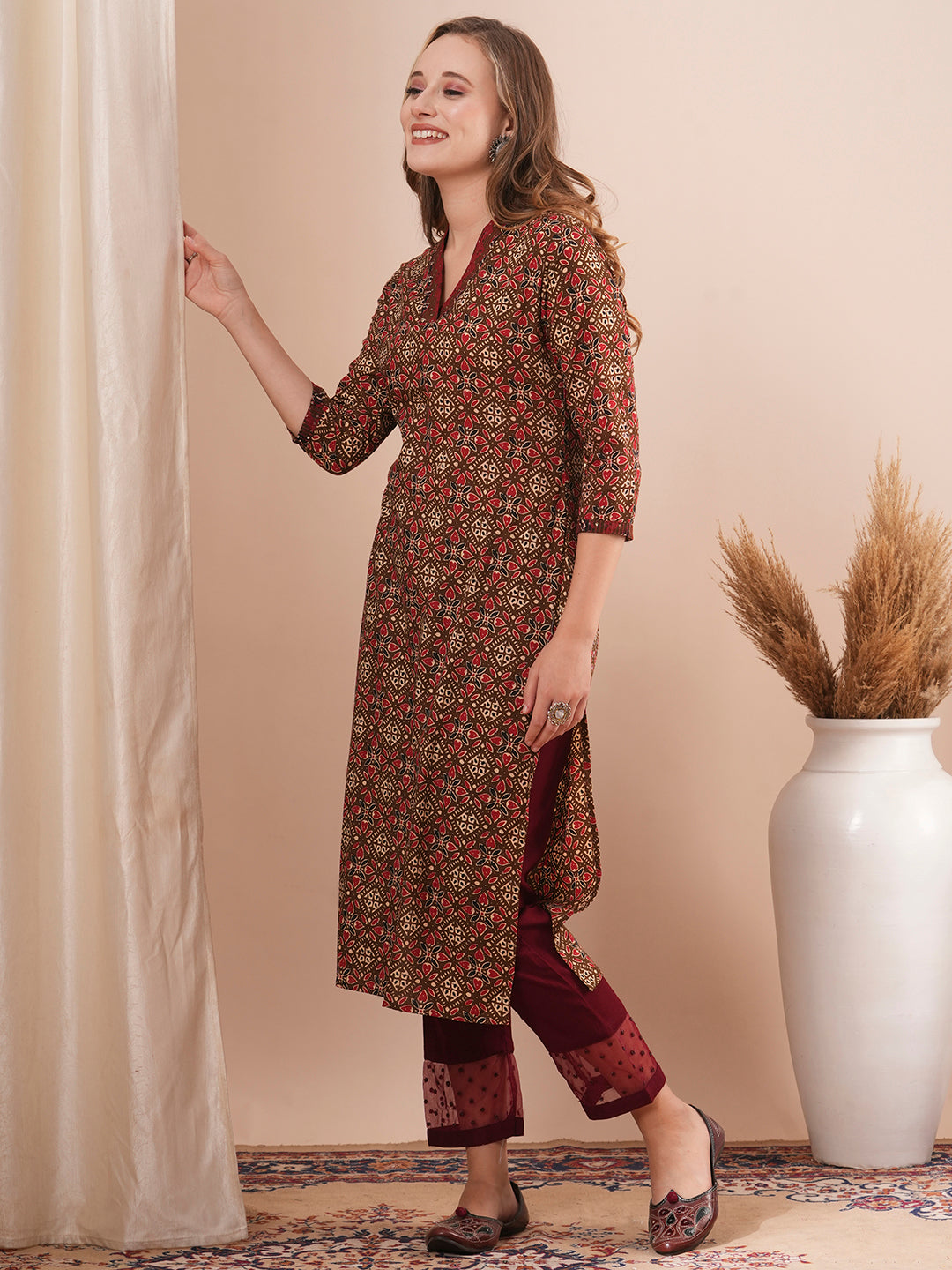 Ethnic Printed & Sequin Embroidered Straight Fit Kurta - Brown