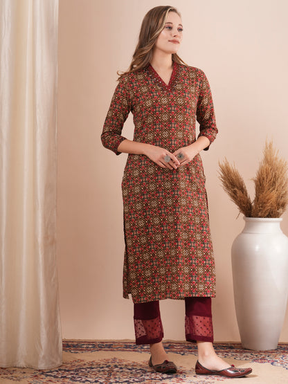 Ethnic Printed & Sequin Embroidered Straight Fit Kurta - Brown