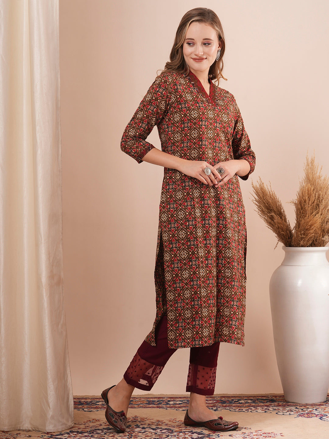 Ethnic Printed & Sequin Embroidered Straight Fit Kurta - Brown