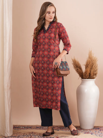 Ethnic Printed & Sequin Embroidered Straight Fit Kurta - Red