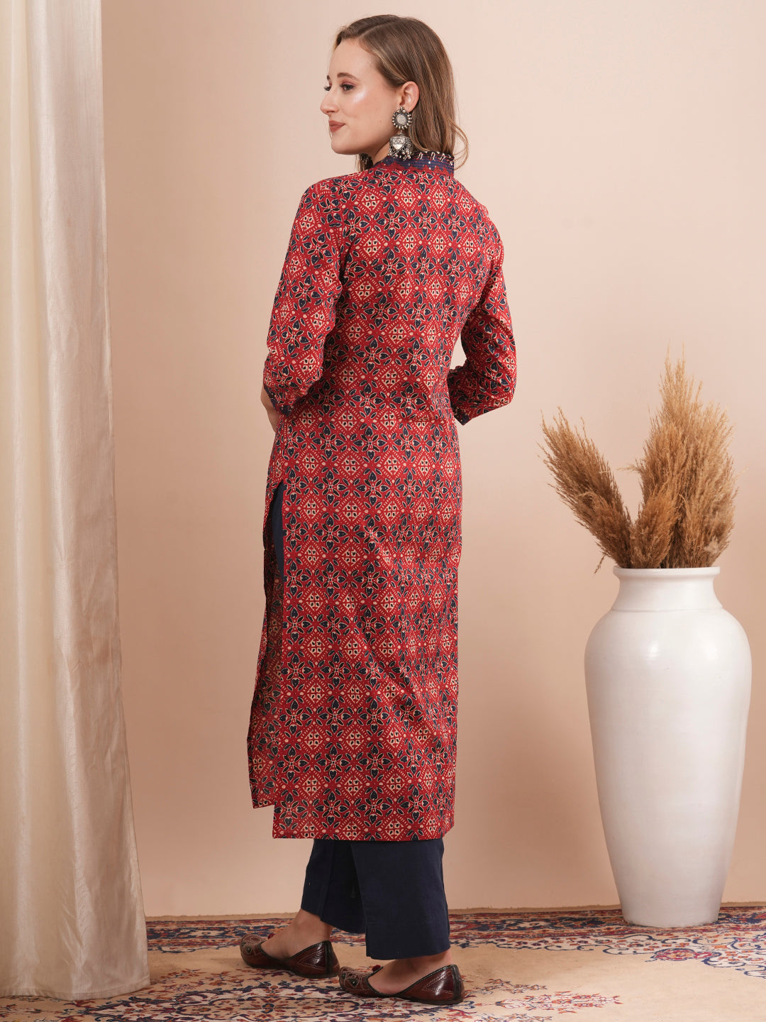 Ethnic Printed & Sequin Embroidered Straight Fit Kurta - Red