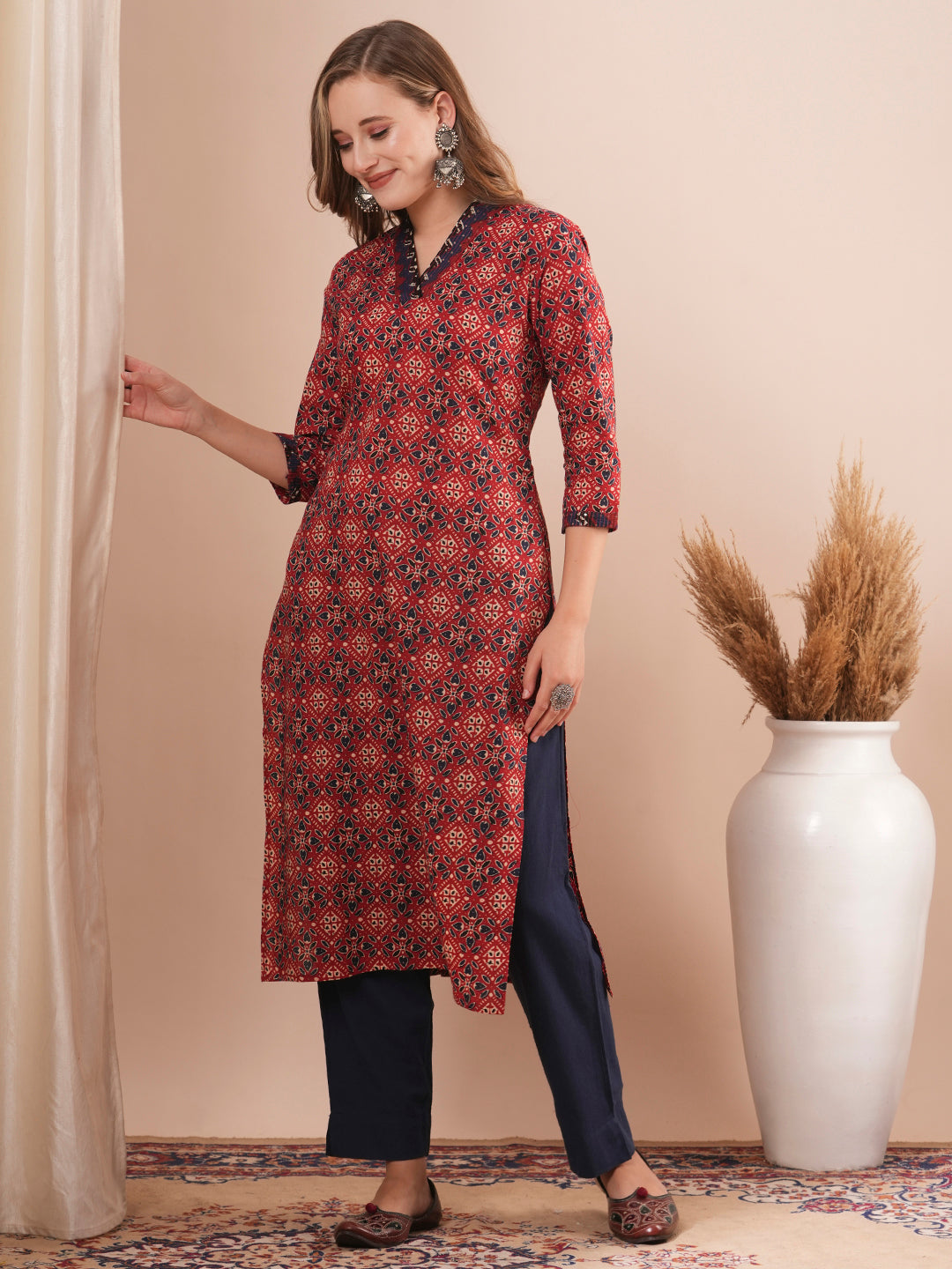 Ethnic Printed & Sequin Embroidered Straight Fit Kurta - Red