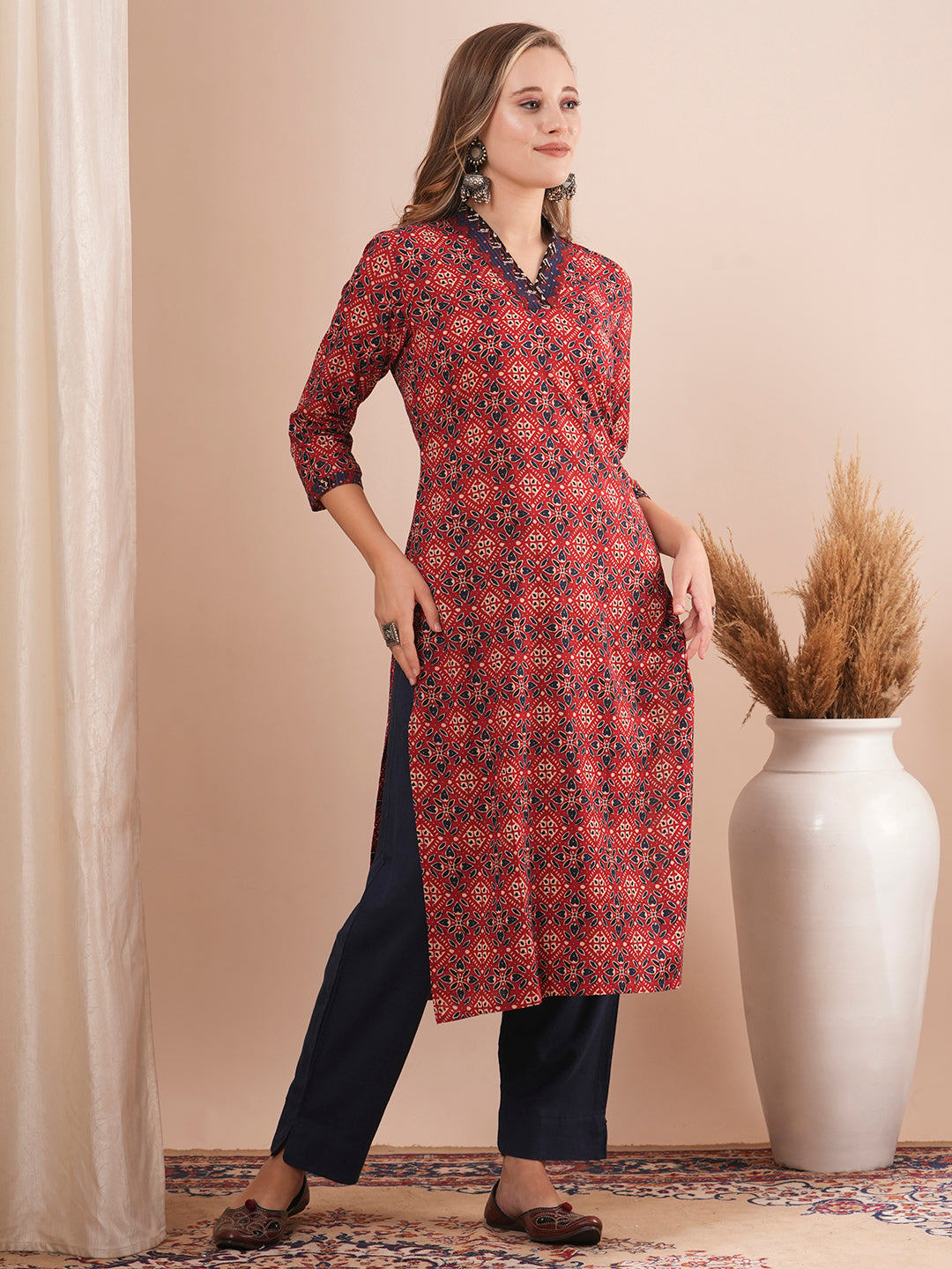 Ethnic Printed & Sequin Embroidered Straight Fit Kurta - Red