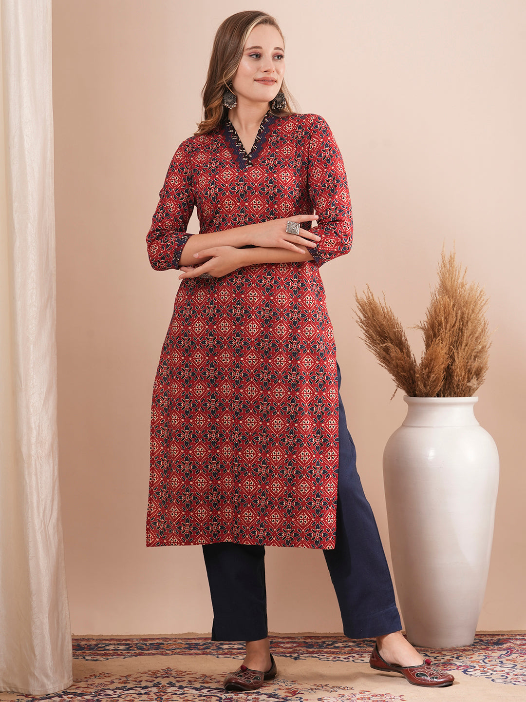 Ethnic Printed & Sequin Embroidered Straight Fit Kurta - Red