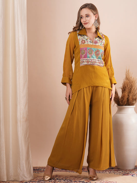 Solid Ethnic Hand Embroidered A-Line Kurta with Palazzo and Belt - Mustard