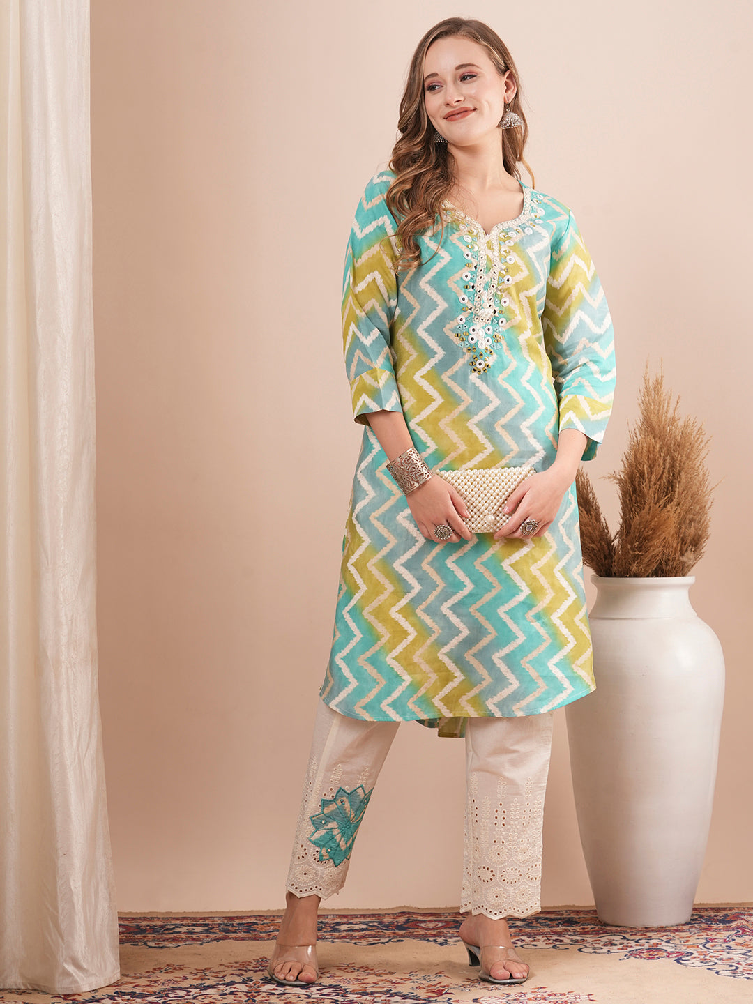 Ethnic Chevron Printed & Embroidered A-Line Kurta with Schiffli Pant - Turquoise Blue