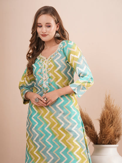 Ethnic Chevron Printed & Embroidered A-Line Kurta with Schiffli Pant - Turquoise Blue