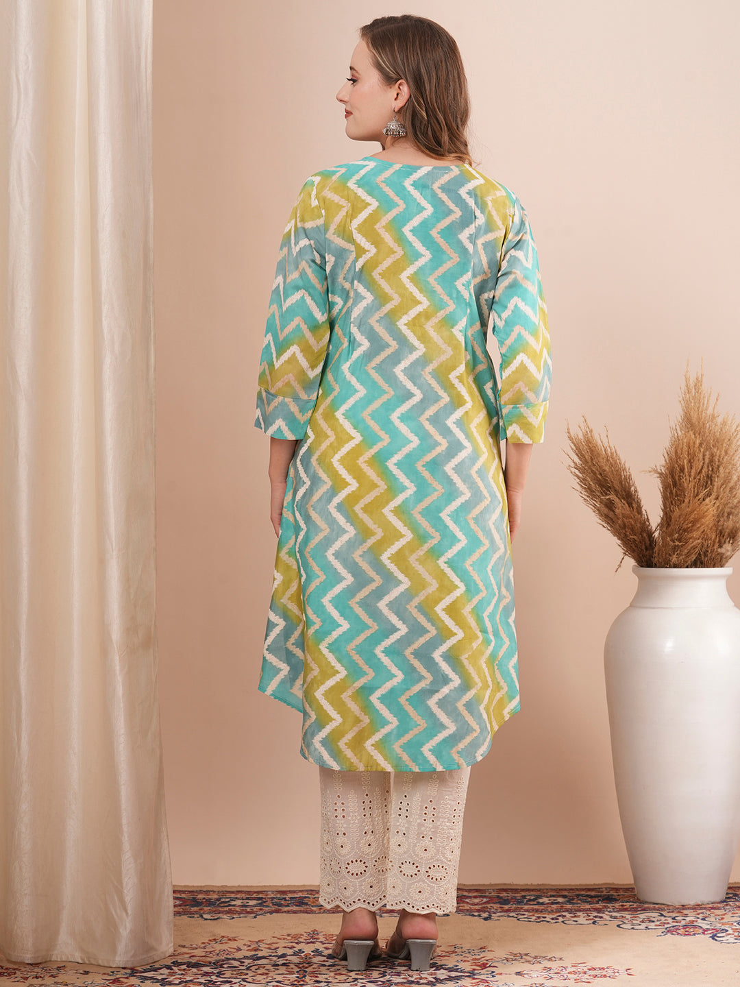 Ethnic Chevron Printed & Embroidered A-Line Kurta with Schiffli Pant - Turquoise Blue