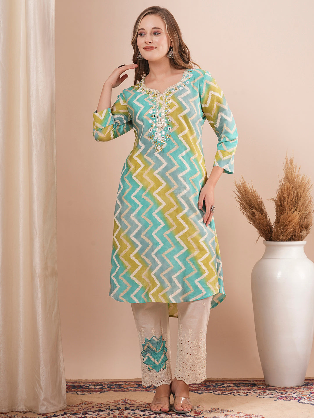 Ethnic Chevron Printed & Embroidered A-Line Kurta with Schiffli Pant - Turquoise Blue