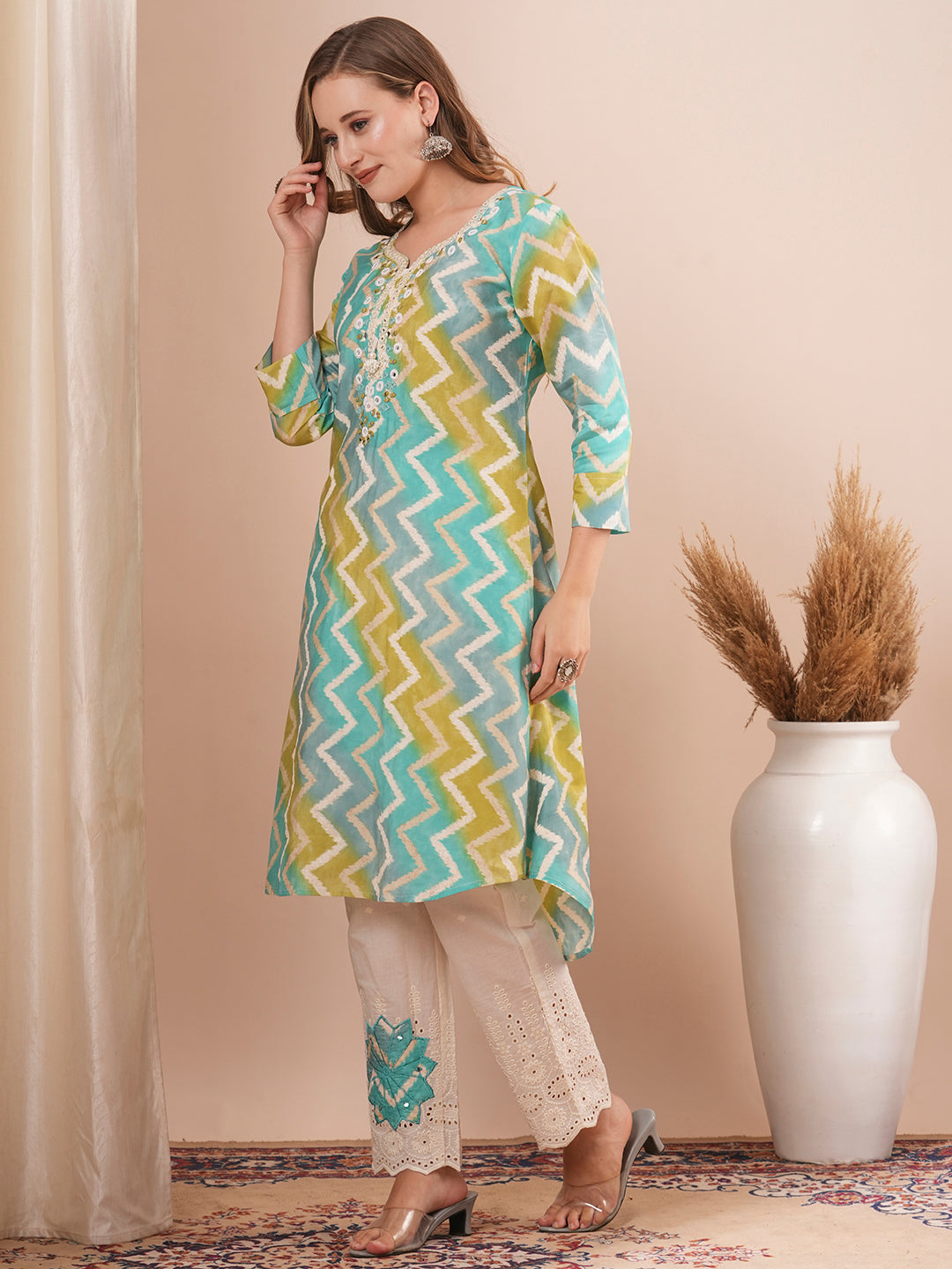 Ethnic Chevron Printed & Embroidered A-Line Kurta with Schiffli Pant - Turquoise Blue