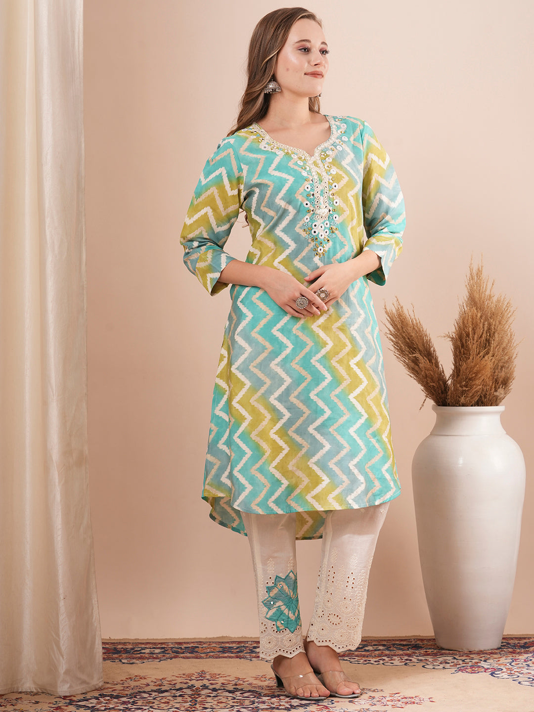 Ethnic Chevron Printed & Embroidered A-Line Kurta with Schiffli Pant - Turquoise Blue