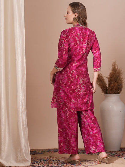 Abstract Floral Foil Printed & Embroidered Straight Fit Co-ord Set - Magenta