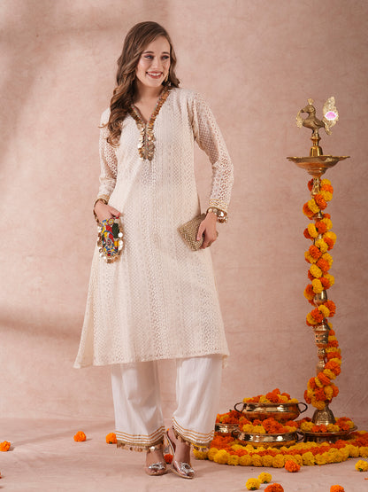 Solid Schiffli Embroidered & Coined A-Line Kurta with Palazzo - Off White