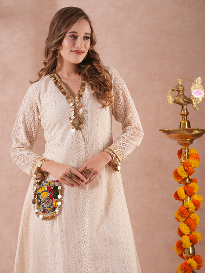 Solid Schiffli Embroidered & Coined A-Line Kurta with Palazzo - Off White