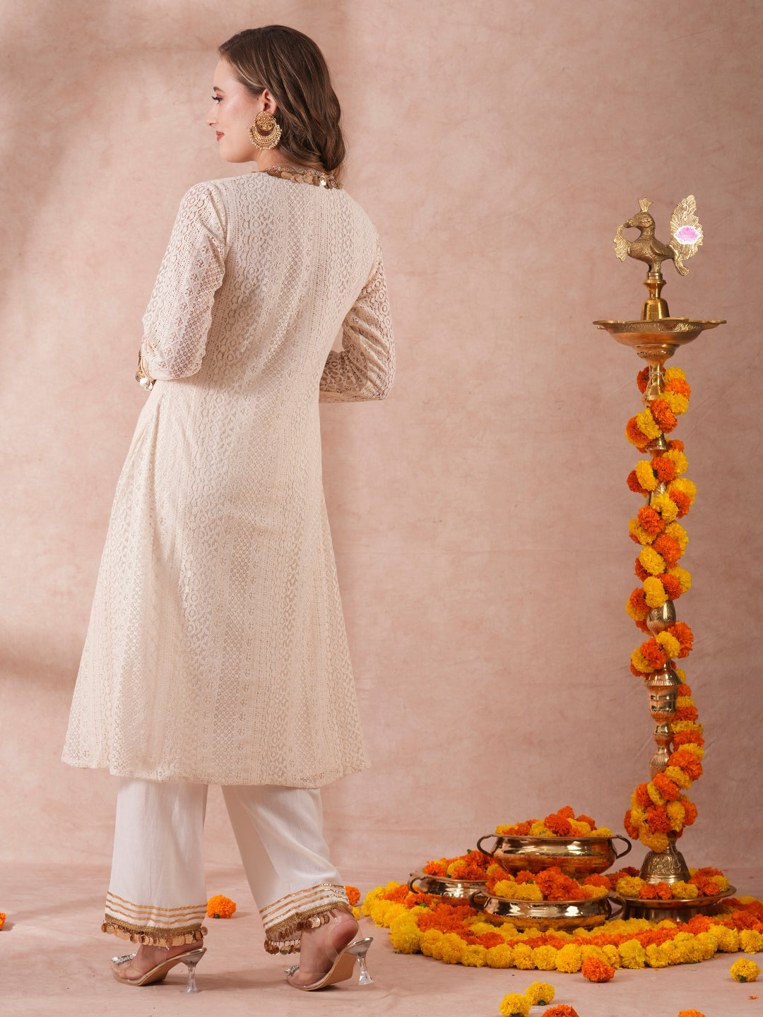 Solid Schiffli Embroidered & Coined A-Line Kurta with Palazzo - Off White