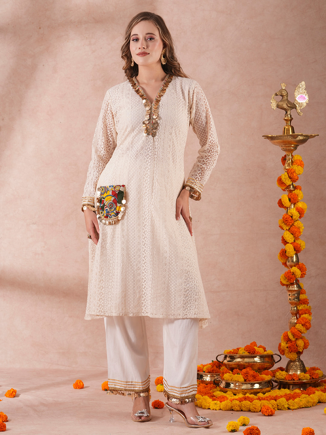 Solid Schiffli Embroidered & Coined A-Line Kurta with Palazzo - Off White