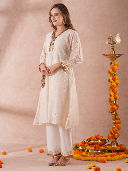 Solid Schiffli Embroidered & Coined A-Line Kurta with Palazzo - Off White