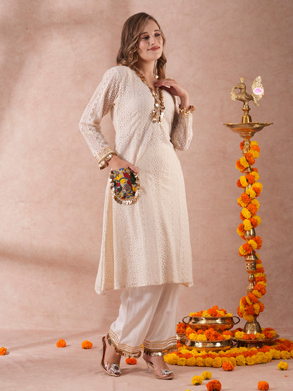 Solid Schiffli Embroidered & Coined A-Line Kurta with Palazzo - Off White