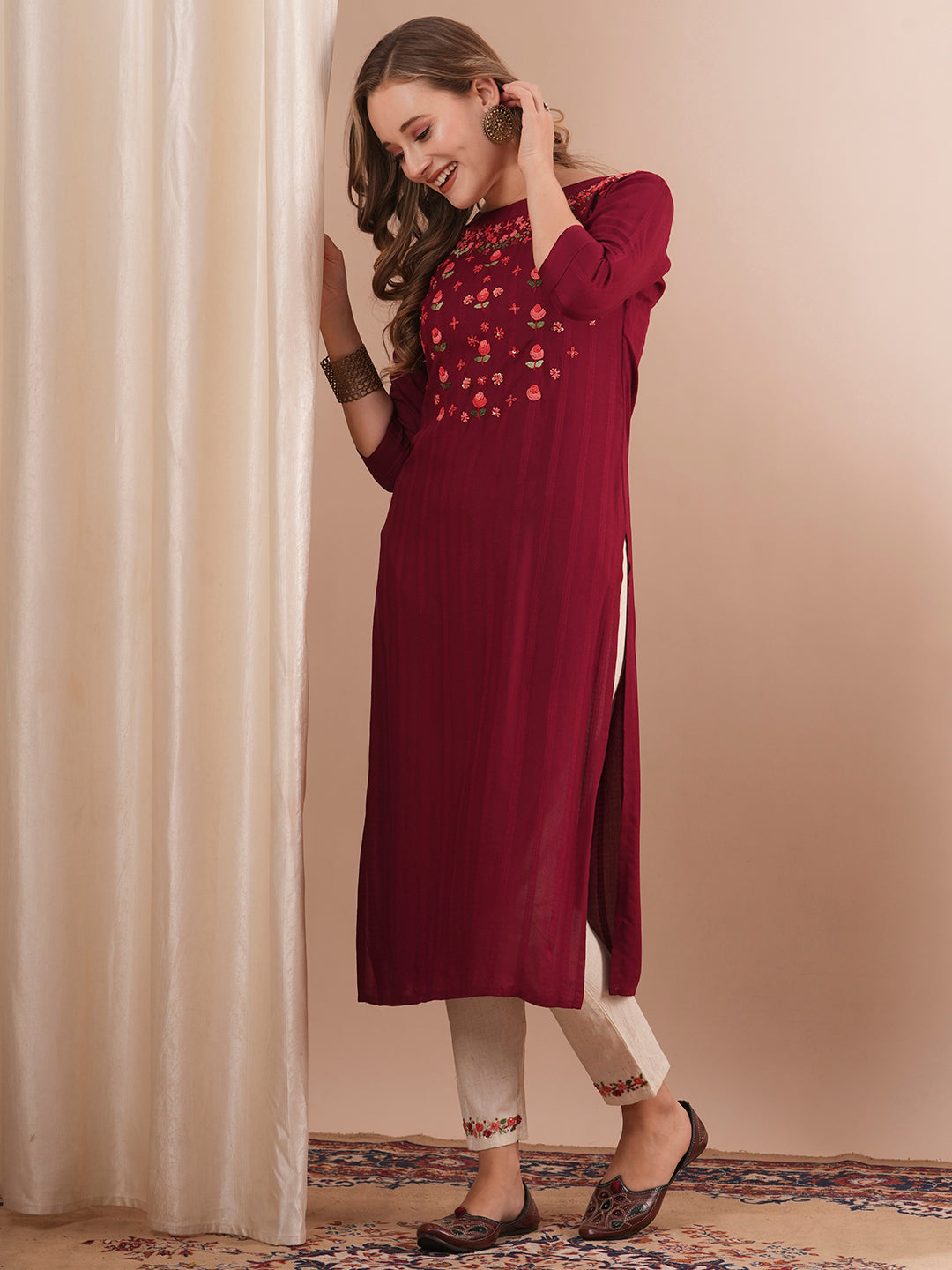 Solid Floral Hand Embroidered Straight Fit Kurta with Pant - Maroon