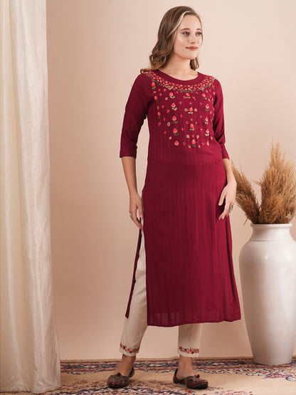 Solid Floral Hand Embroidered Straight Fit Kurta with Pant - Maroon