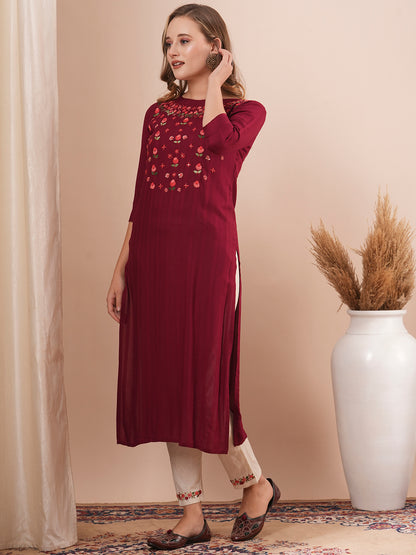 Solid Floral Hand Embroidered Straight Fit Kurta with Pant - Maroon