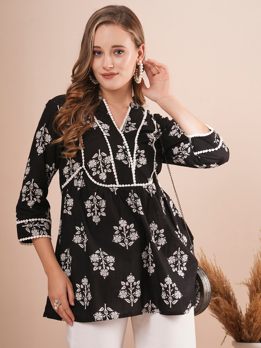 Ethnic Floral Printed A-Line Short Cotton Kurti - Black