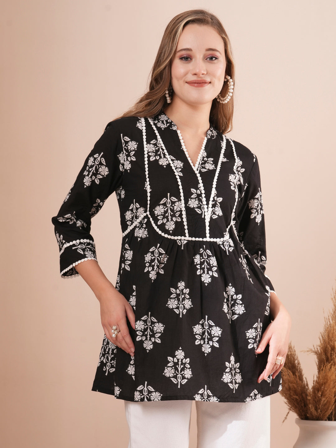 Ethnic Floral Printed A-Line Short Cotton Kurti - Black