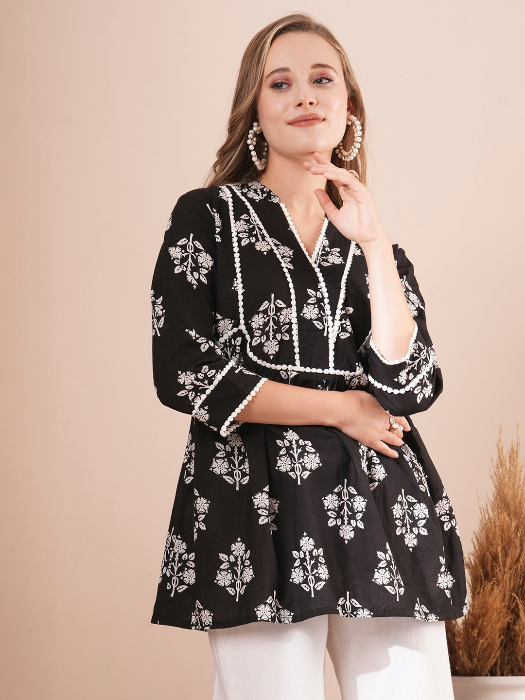 Ethnic Floral Printed A-Line Short Cotton Kurti - Black