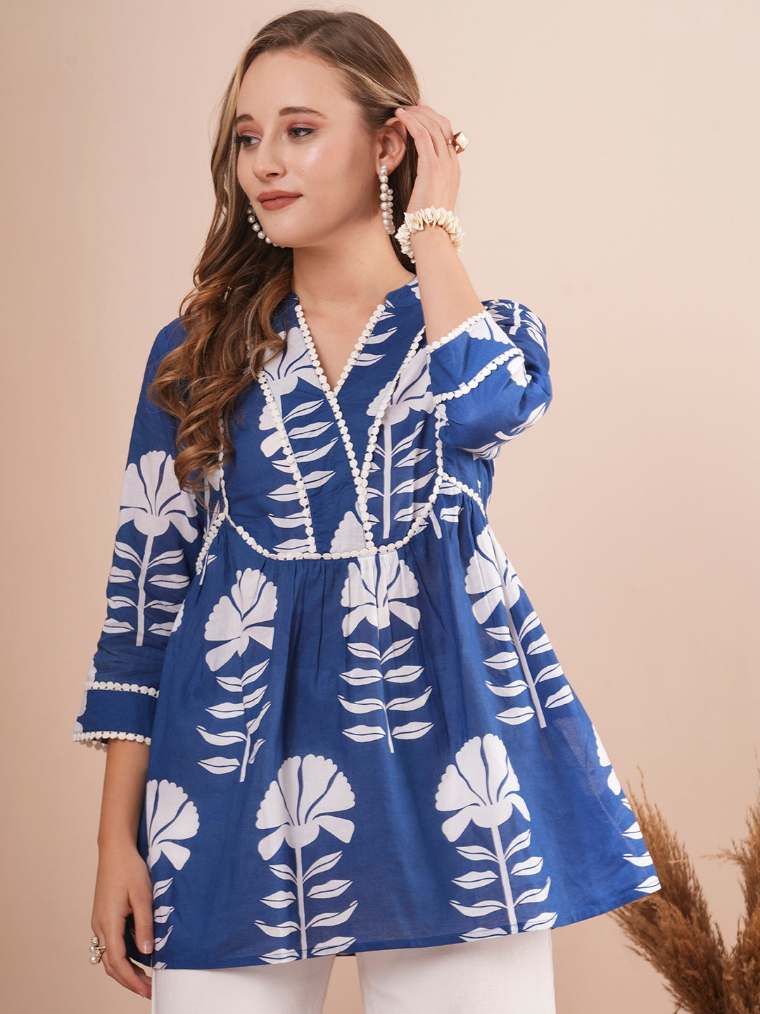 Ethnic Floral Block Printed A-Line Short Cotton Kurti - Blue