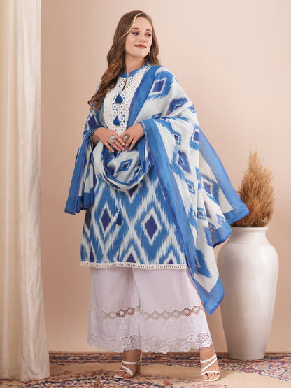 Ethnic Ikat Printed Embroidered Straight Fit Kurta with Palazzo and Dupatta - Blue