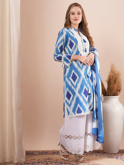 Ethnic Ikat Printed Embroidered Straight Fit Kurta with Palazzo and Dupatta - Blue