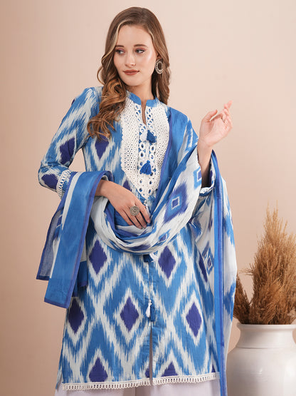 Ethnic Ikat Printed Embroidered Straight Fit Kurta with Palazzo and Dupatta - Blue