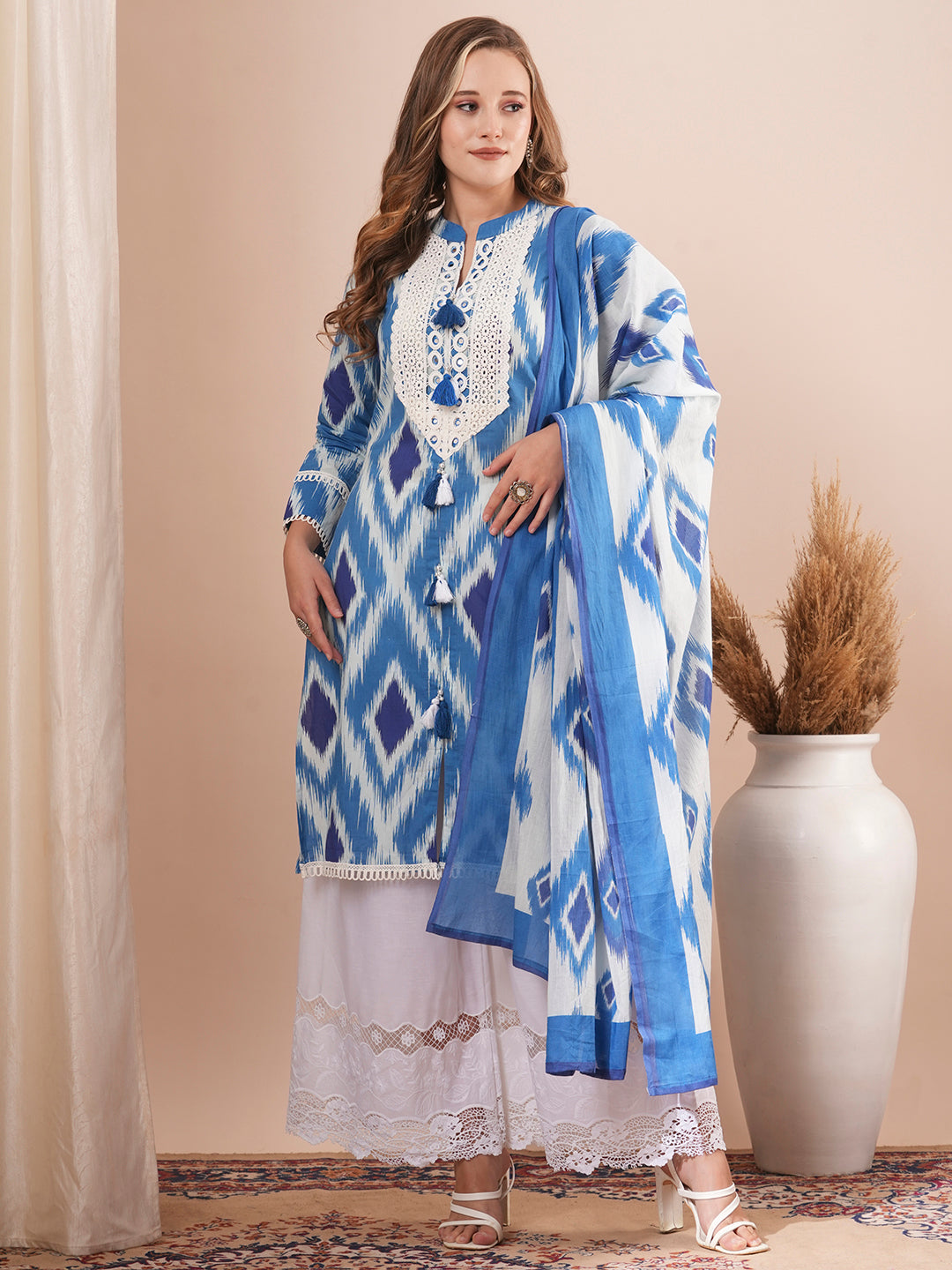 Ethnic Ikat Printed Embroidered Straight Fit Kurta with Palazzo and Dupatta - Blue